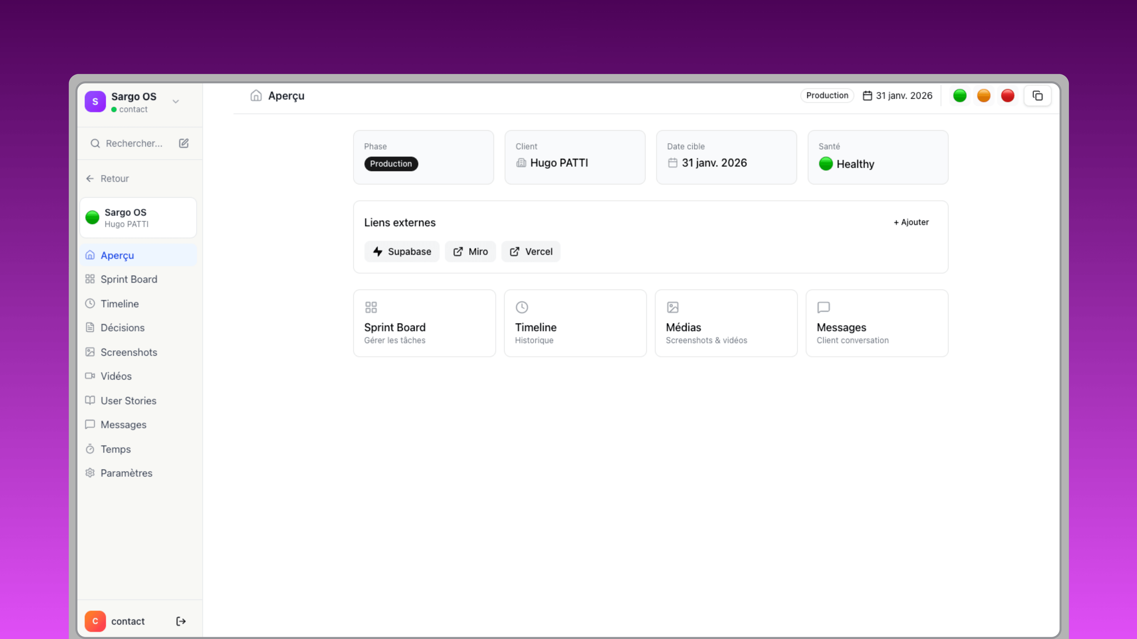 Sargo-OS - Plateforme d’automatisation du flux de travail par l’IA Moteur de définition de la portée du projet et de configuration du sprint Conception et développement d’outillage interne - Application développée par Sargo Digital