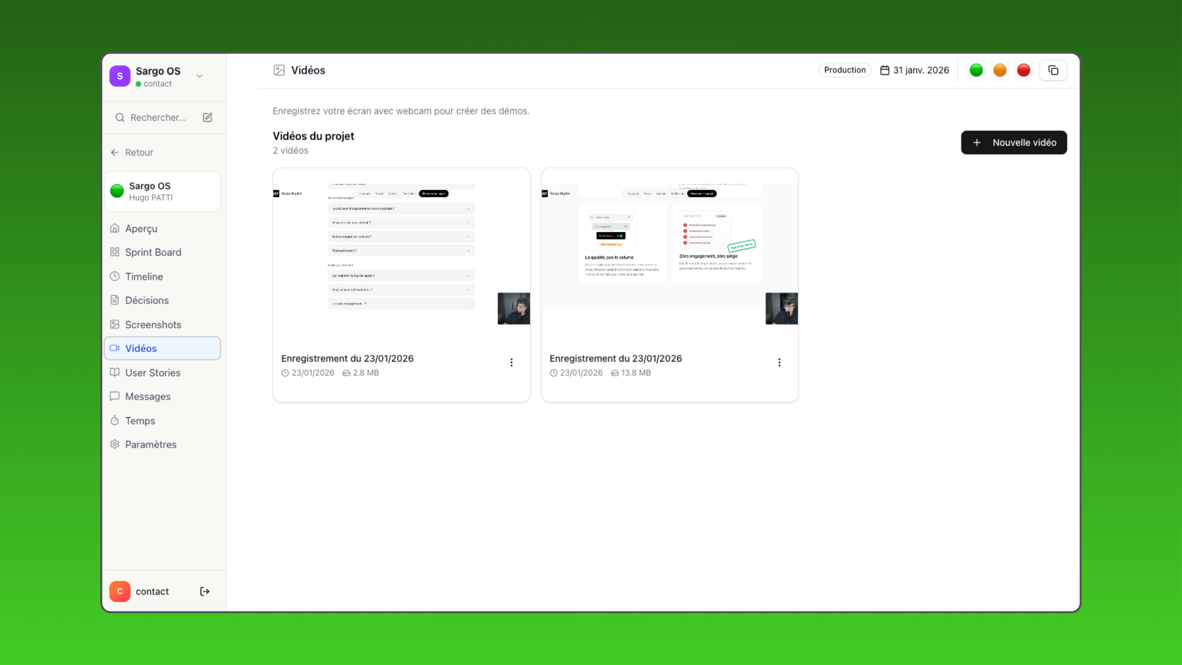 Capture d'écran principale de Sargo-OS - Plateforme d’automatisation du flux de travail par l’IA Moteur de définition de la portée du projet et de configuration du sprint Conception et développement d’outillage interne